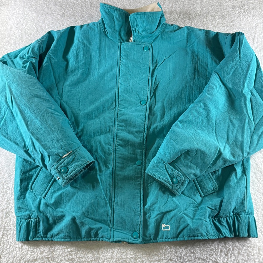 Vintage The Woolrich Woman XL Blue Teal Winter Coat Jacket Zip Snap Sherpa Lined